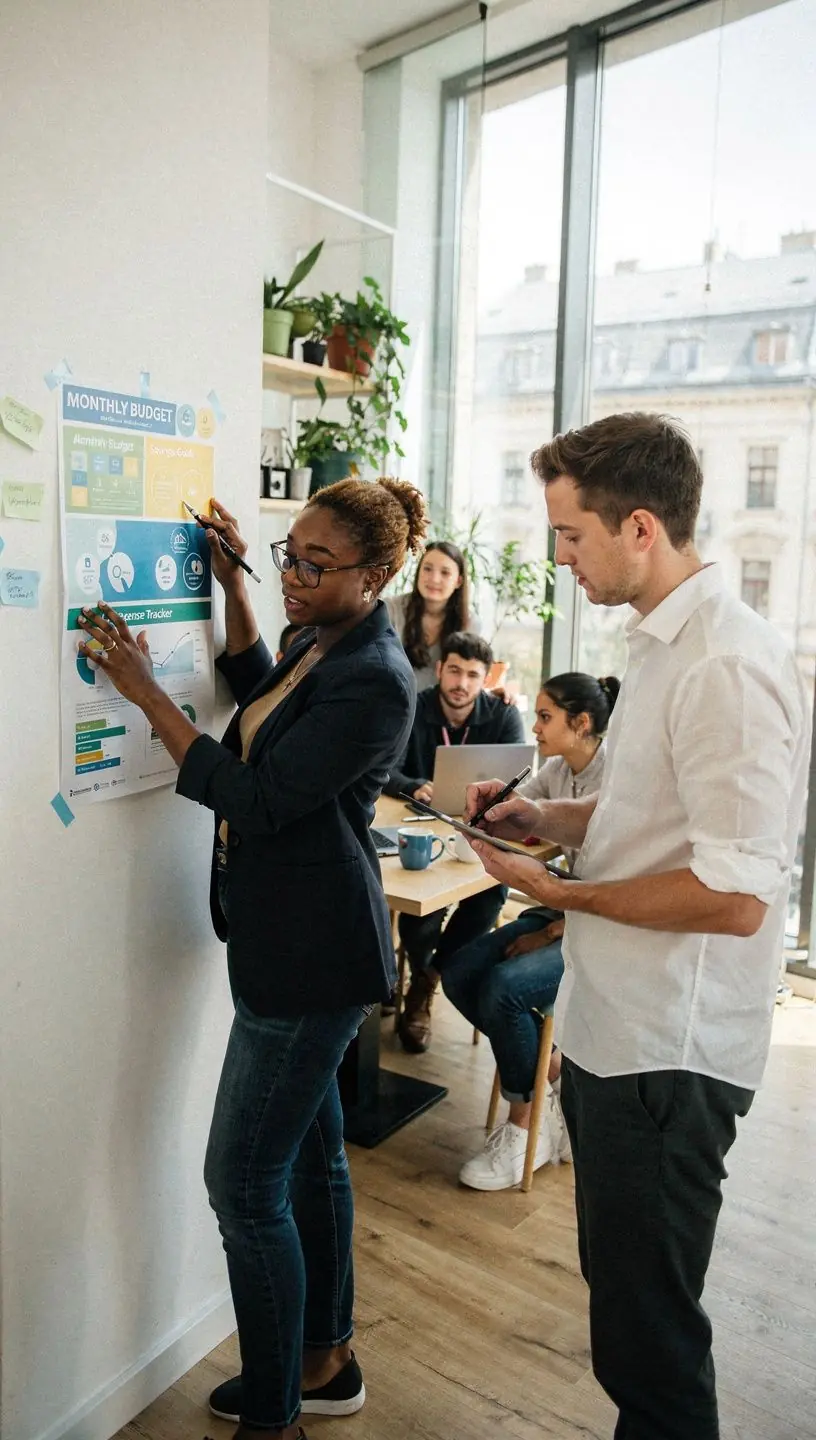 Fiatal nő elemzi költségvetését egy kávézóban, miközben digitális eszközöket használ