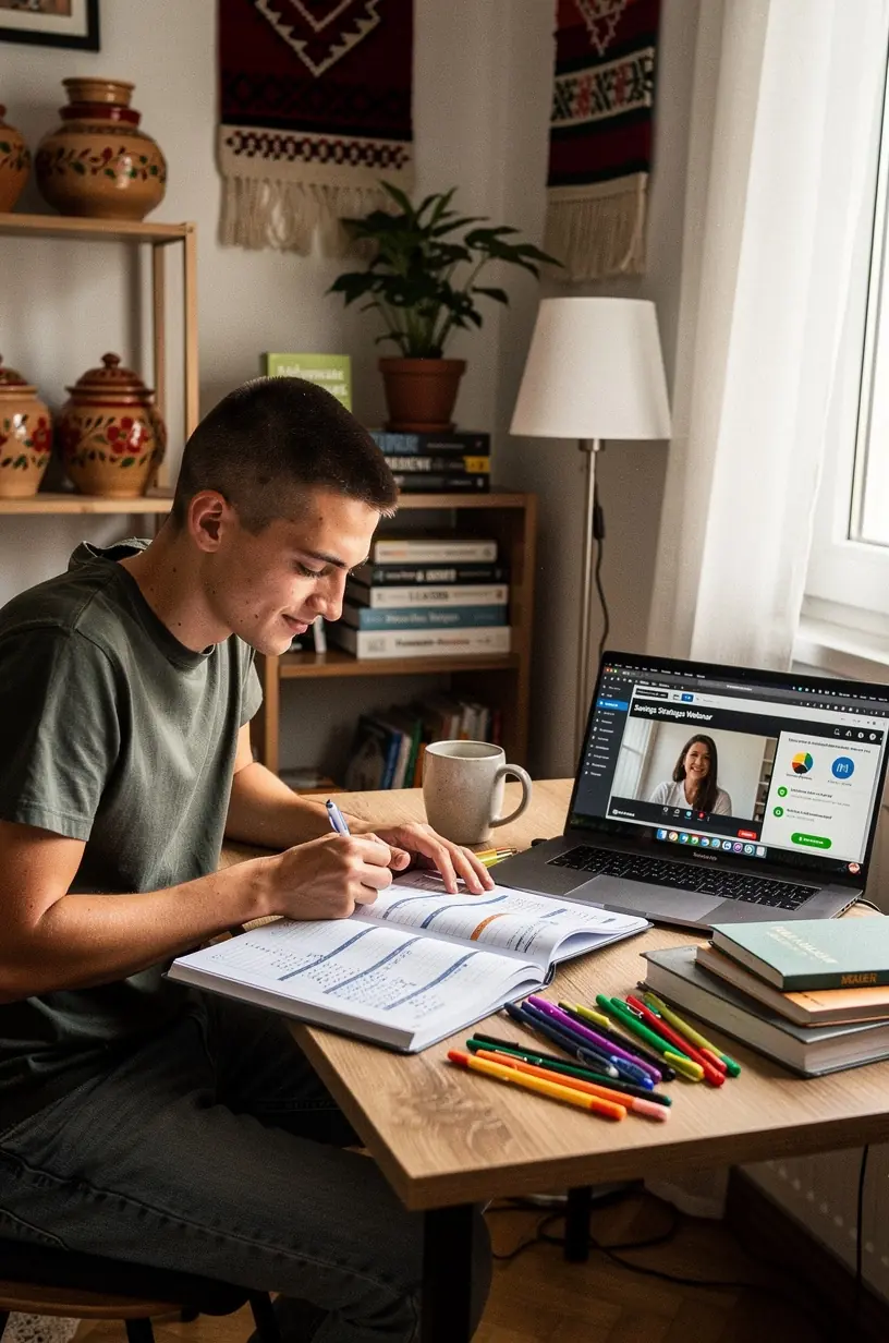 Fiatal szakember jegyzetel egy pénzügyi tervezési útmutató mellett