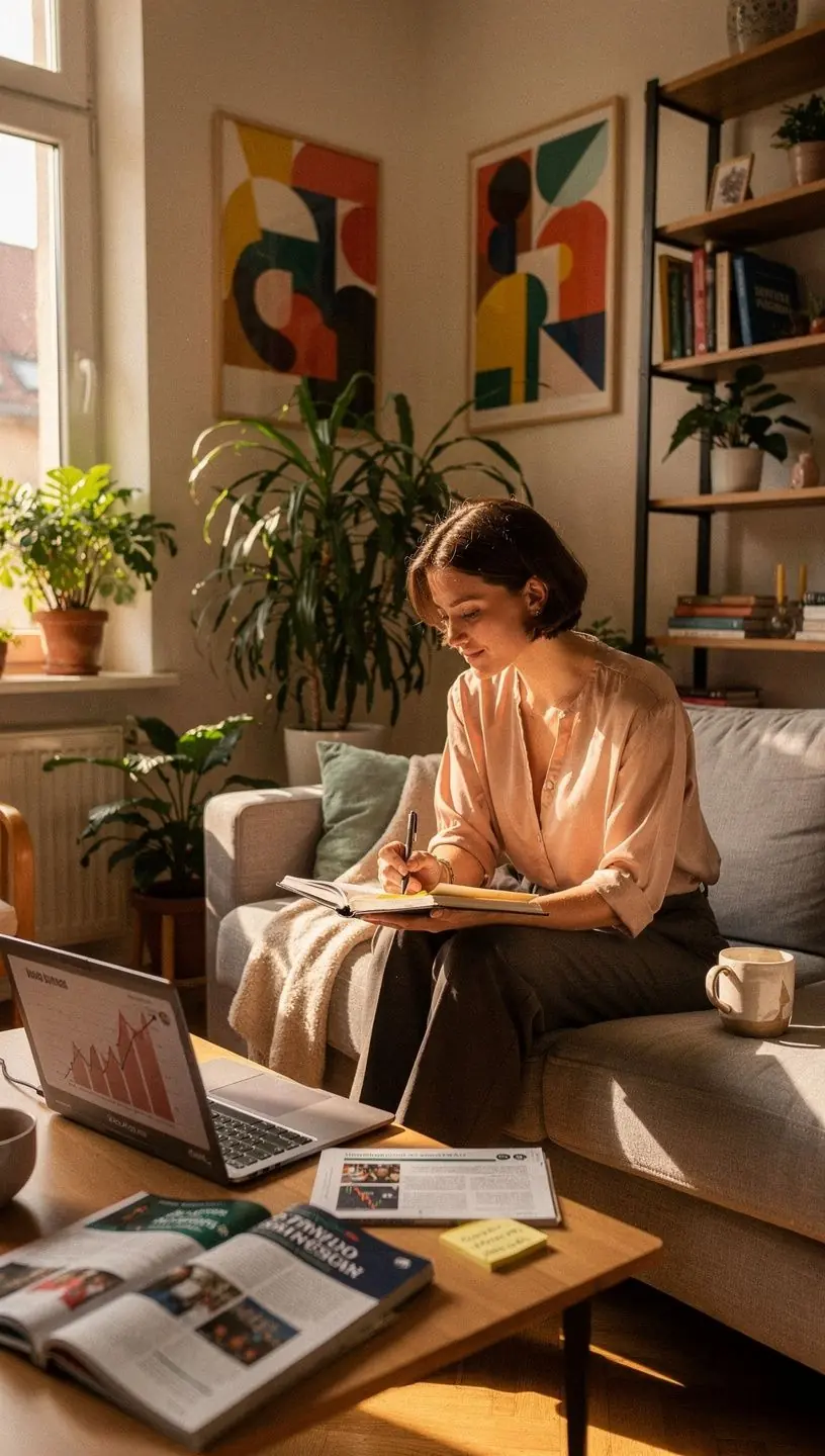 Fiatal felnőtt számol pénzt, miközben pénzügyi blogot olvas laptopon